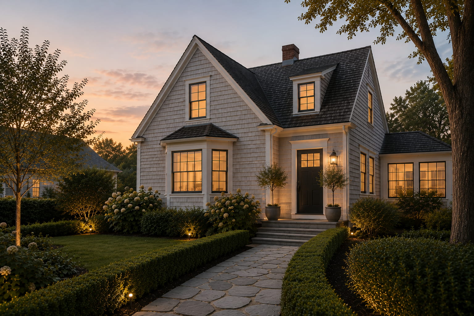 A shingle-style New England home at dusk with windows glowing