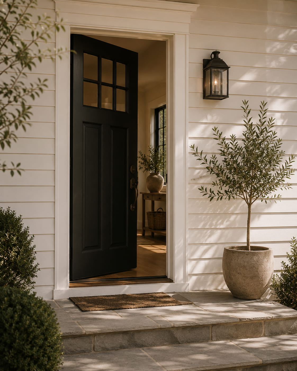 A classic New England front entryway with warm light on the threshold