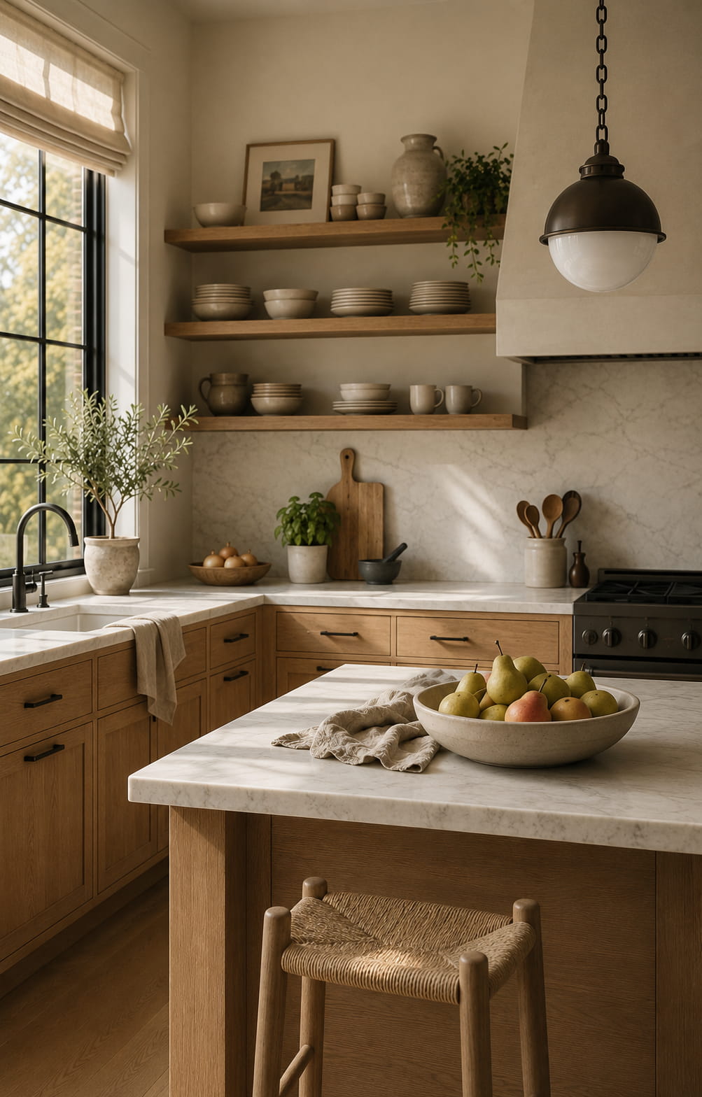 A warm, tidy New England kitchen in soft daylight