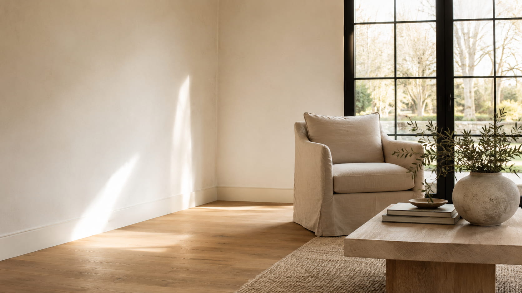 A serene, light-filled New England living room in soft morning light