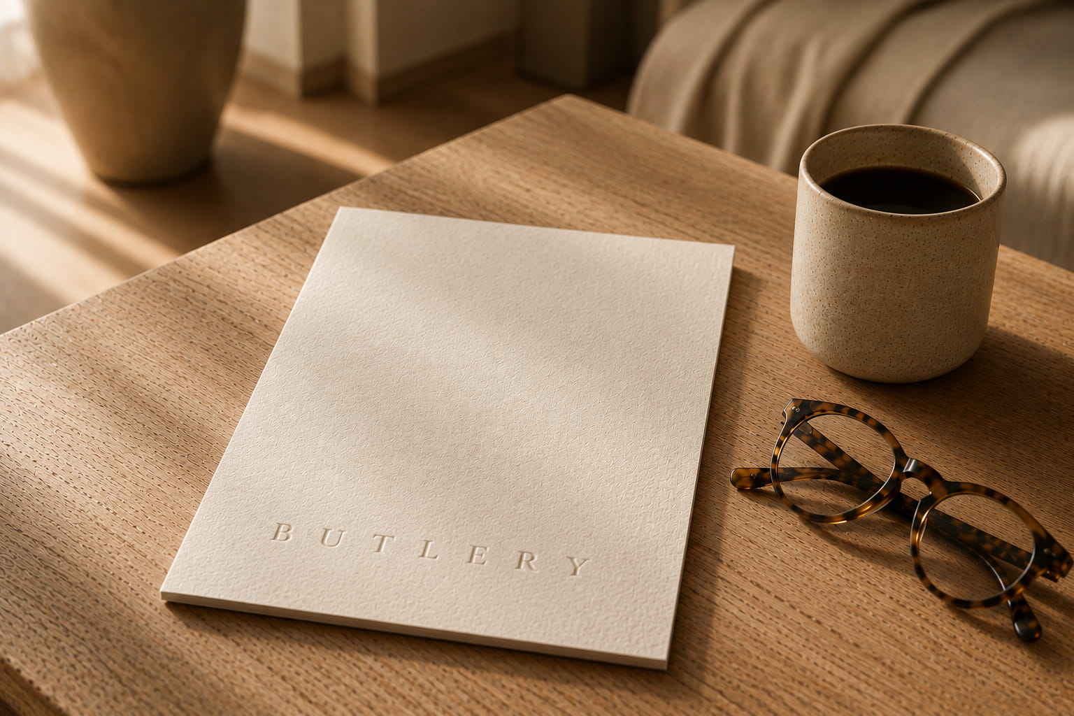 A printed Home Wellness Report resting on a warm oak table beside a cup of coffee and reading glasses
